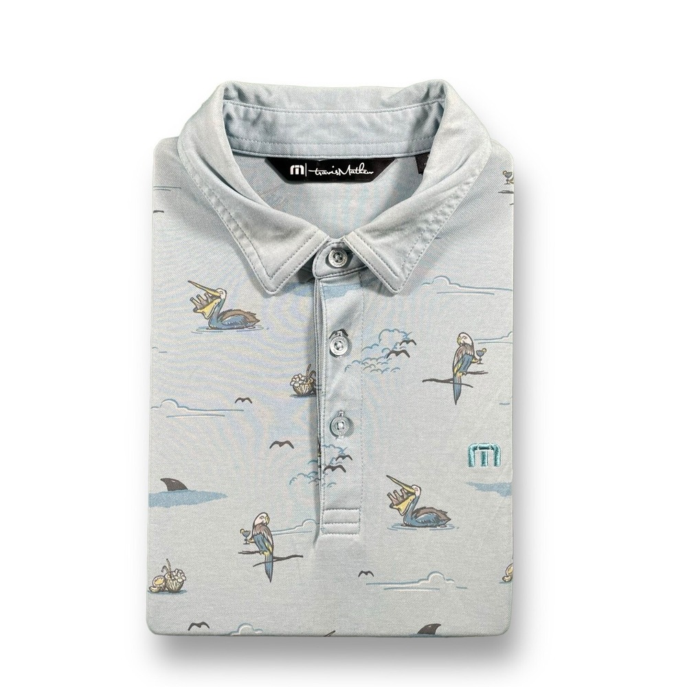 Travis Mathew Going Rogue Blue Party Parrots/Pelicans/Sharks AOP Golf Polo Sz S